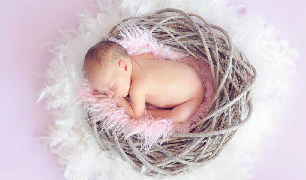 Baby curled up in a basket.