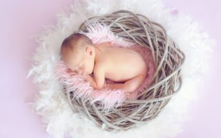 Baby curled up in a basket.