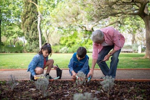 Children doing gardening chores with parent.