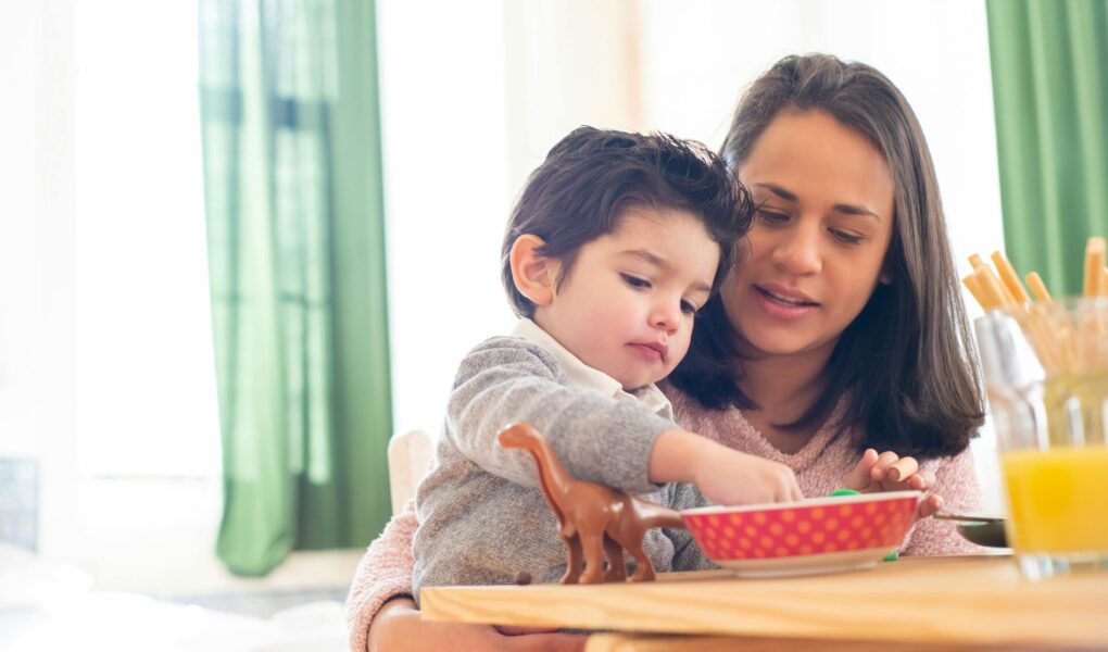 Mom sitting down with her son while he plays with his toys.