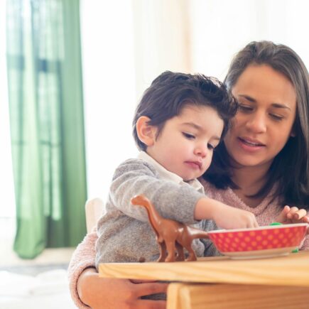 Mom sitting down with her son while he plays with his toys.