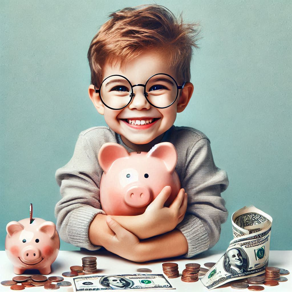Child smiling while hugging his piggy bank. There's a second piggy bank on the table and money scattered around.