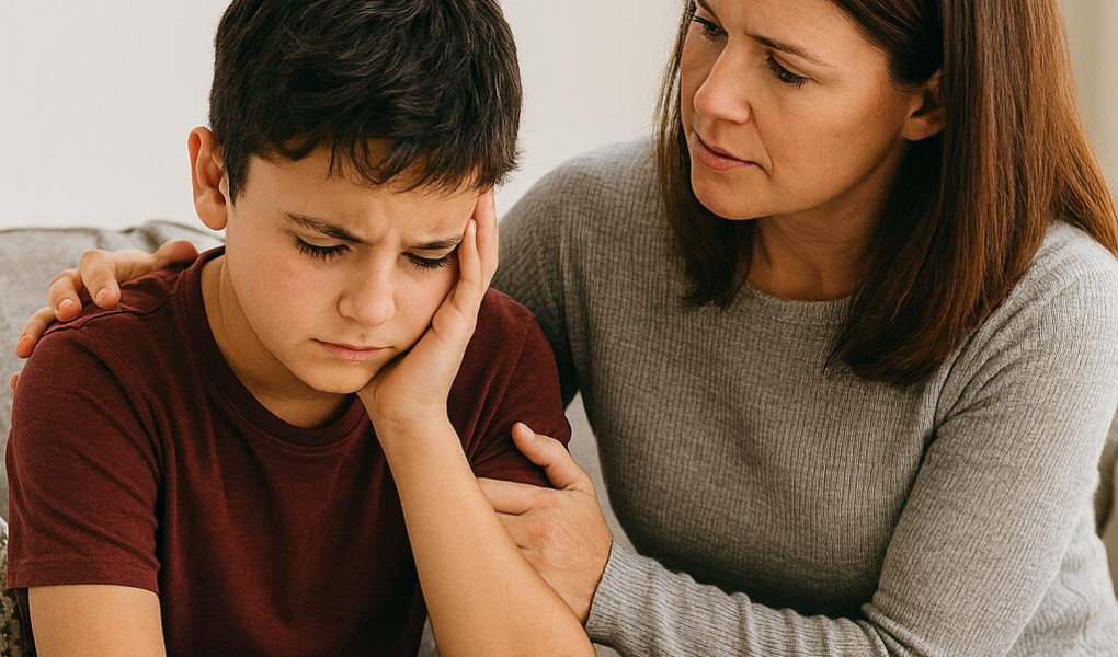 Mom consoling her preteen son