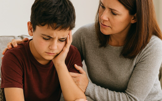 Mom consoling her preteen son