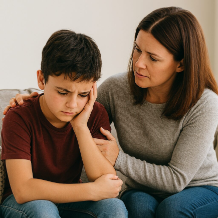 Mom consoling her preteen son