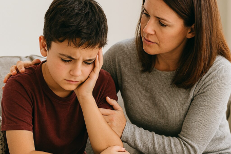 Mom consoling her preteen son