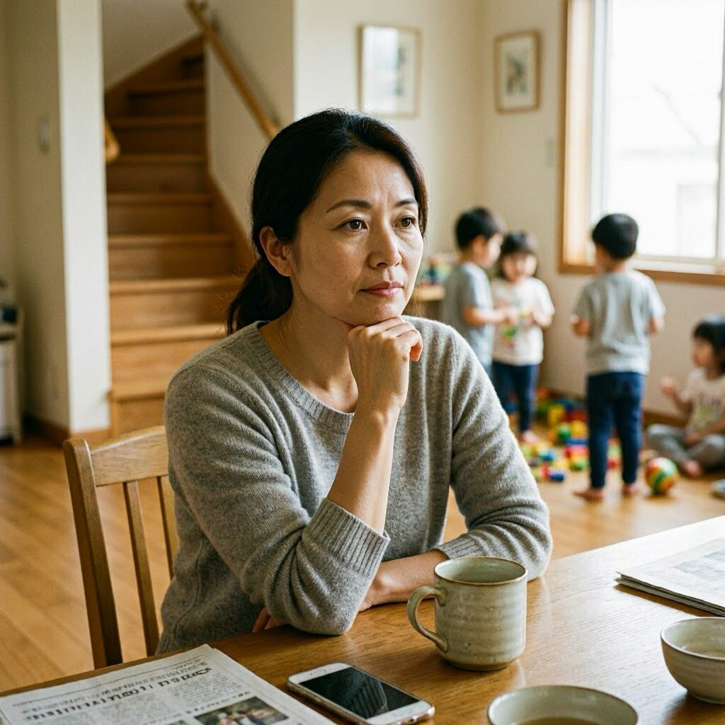 A woman is thinking about the direction she wants to take with her parenting while her children play in the background.